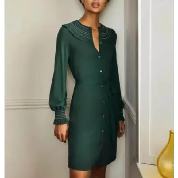 Boden Dresses & Skirts - Boden Smocked Embroidered Dress Womens Size 14L Green Ruffled Button 14 Long